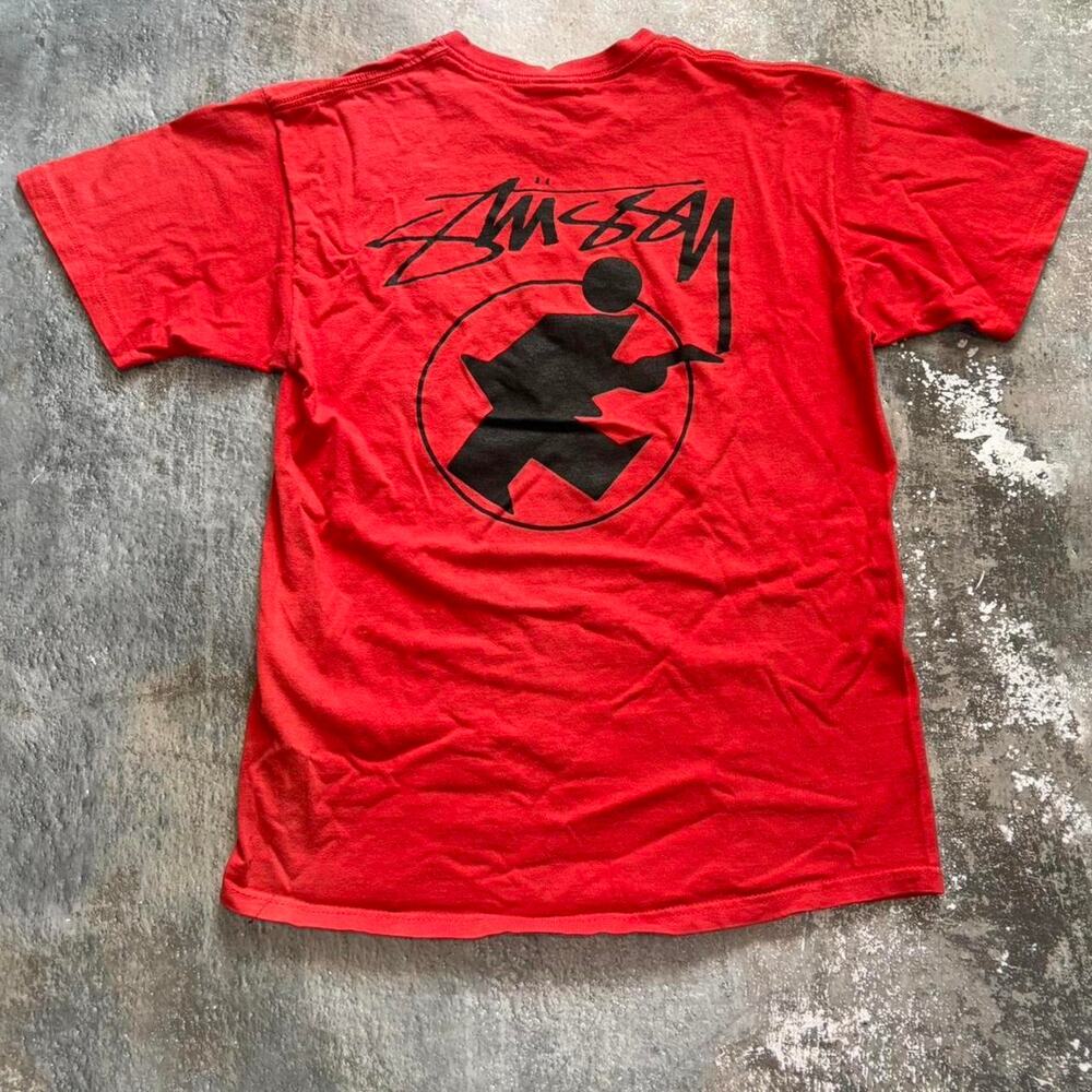 Vintage 90s Red Stussy T Shirt! Surfman Back Hit. Surfwear Billabong Size Small